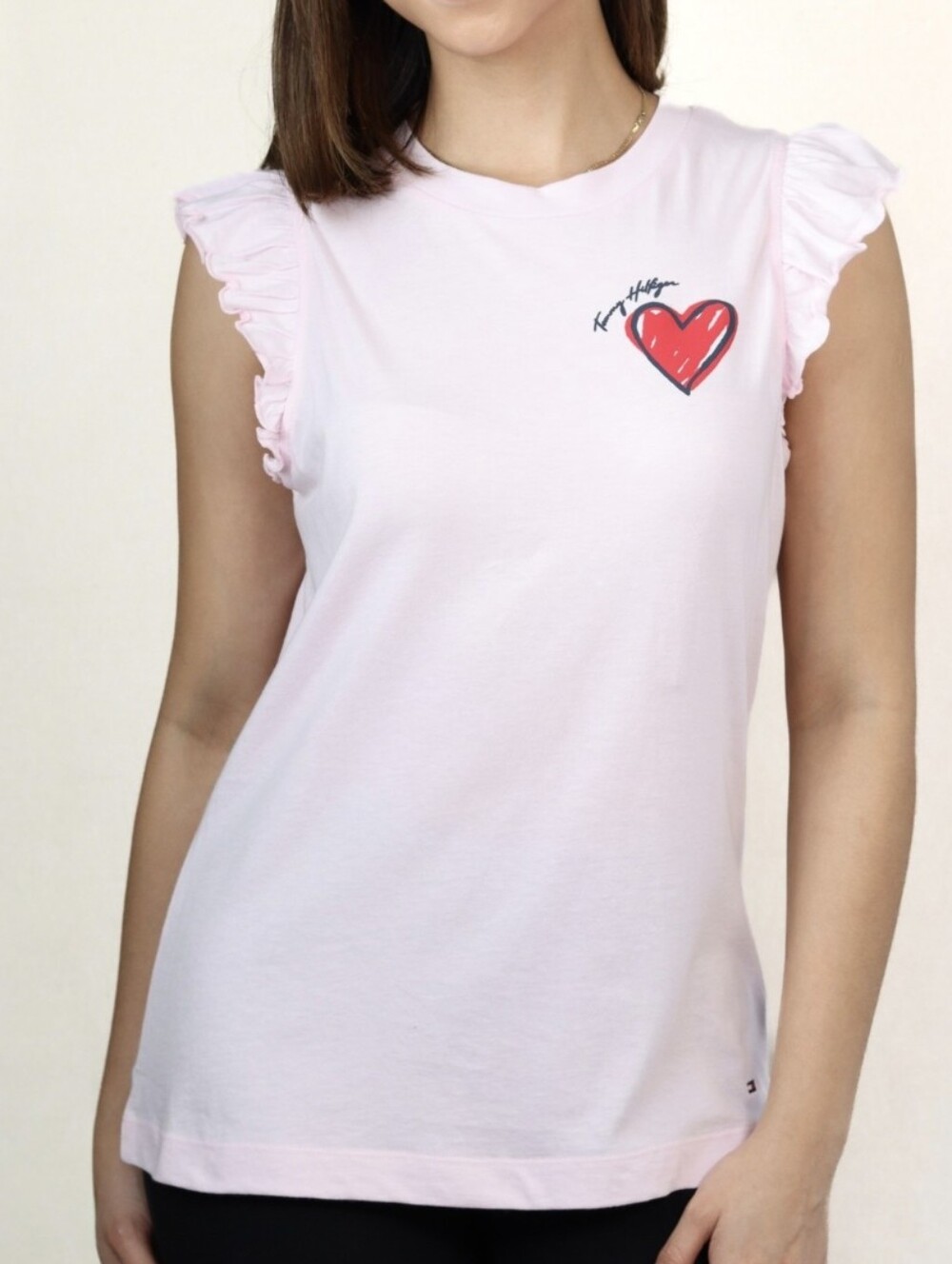 Tommy Hilfiger 100% Cotton Ruffled Pink Tank Top with Heart Graphic, size L
